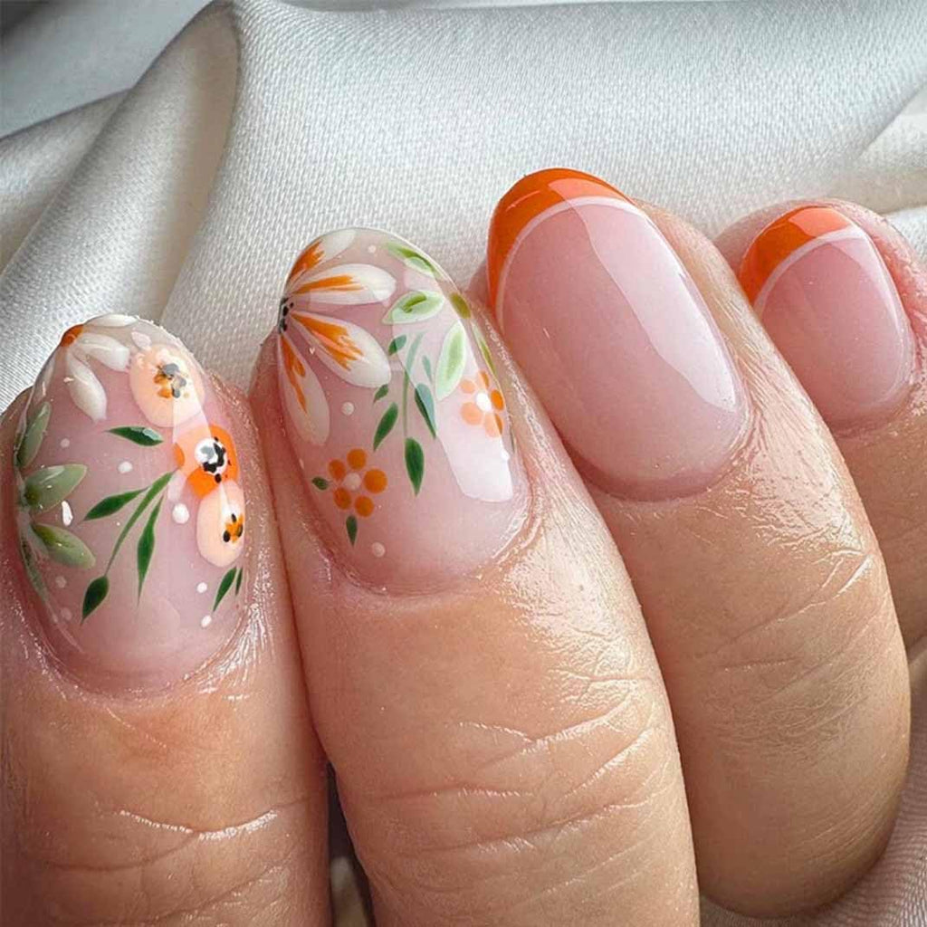 Almond Press Nails - Medium Nude Glossy Stick on Nails, Full Cover, 24 Pcs/Set (Short Orange French Nails)