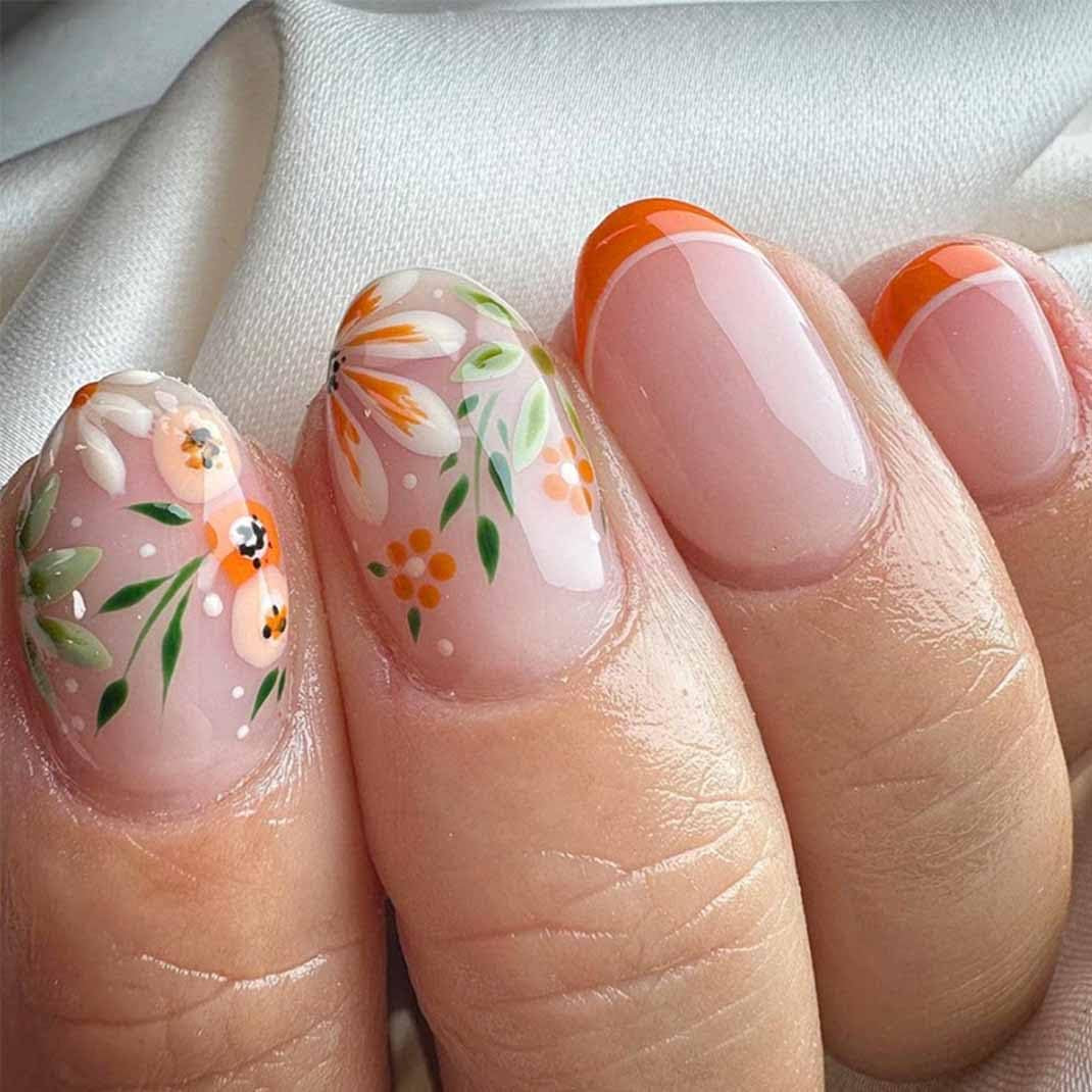 Almond Press Nails - Medium Nude Glossy Stick on Nails, Full Cover, 24 Pcs/Set (Short Orange French Nails)