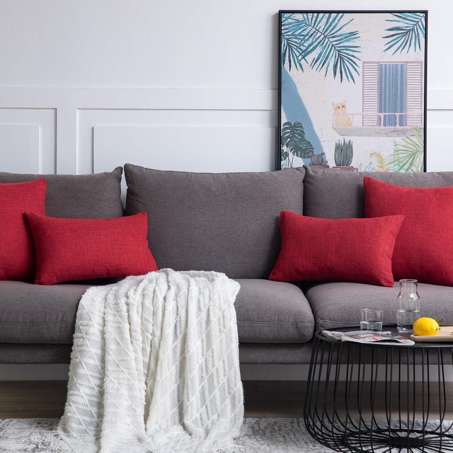 Red Pillow Covers 20X20 Inch for Christmas Day Decor Set of 2 Rustic Linen Holiday Decorative Square Throw Pillow Covers for Farmhouse Sofa Couch Home Decoration