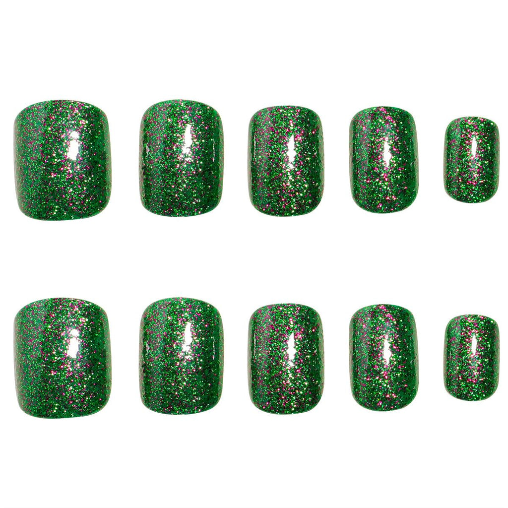 Green Glitter Press on Nails Short Square Fake Nails Christmas Glitter Acrylic Nails Artificial Glue on Nails Squoval False Nails Xmas Stick on Nails for Women Nails Decoration 24Pcs
