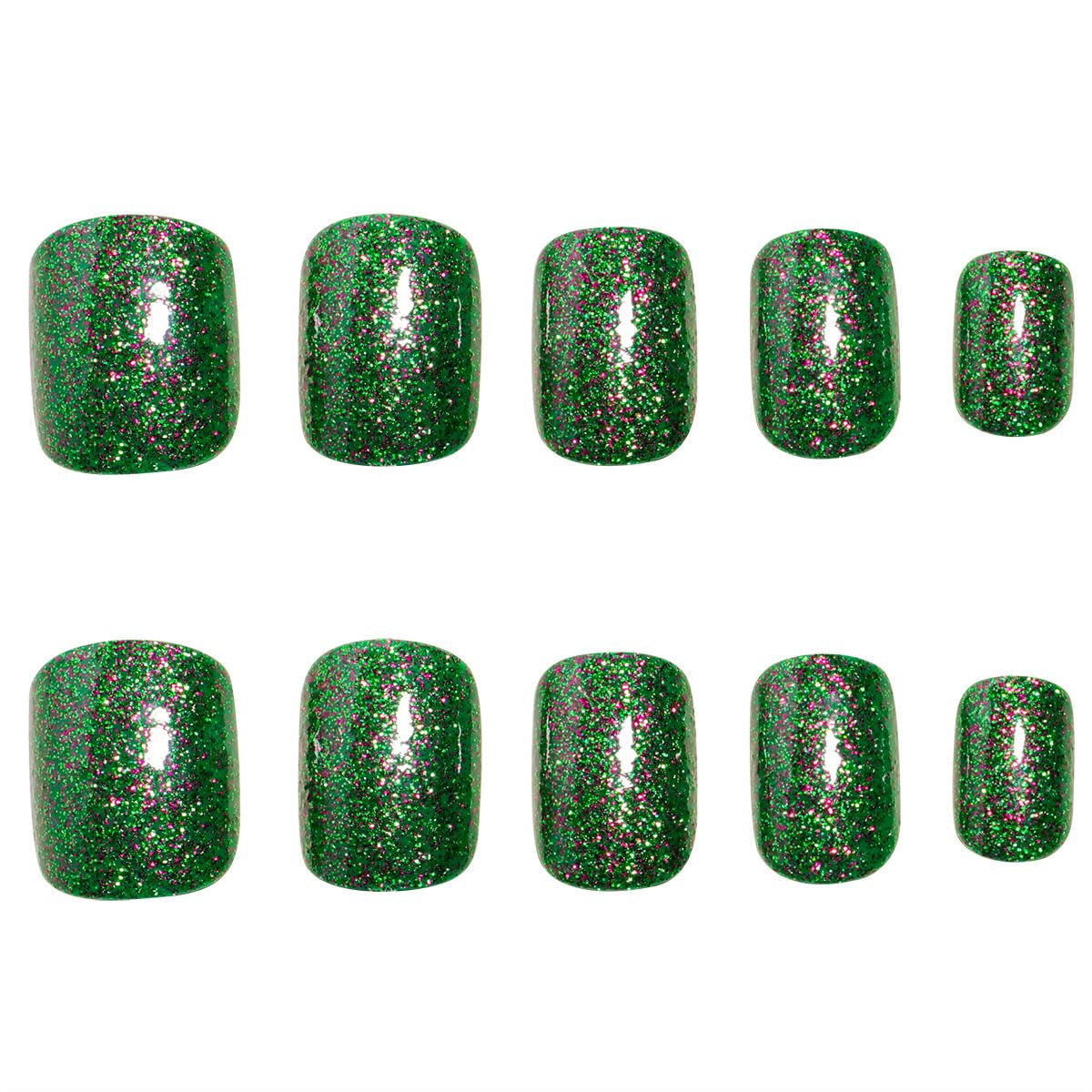 Green Glitter Press on Nails Short Square Fake Nails Christmas Glitter Acrylic Nails Artificial Glue on Nails Squoval False Nails Xmas Stick on Nails for Women Nails Decoration 24Pcs