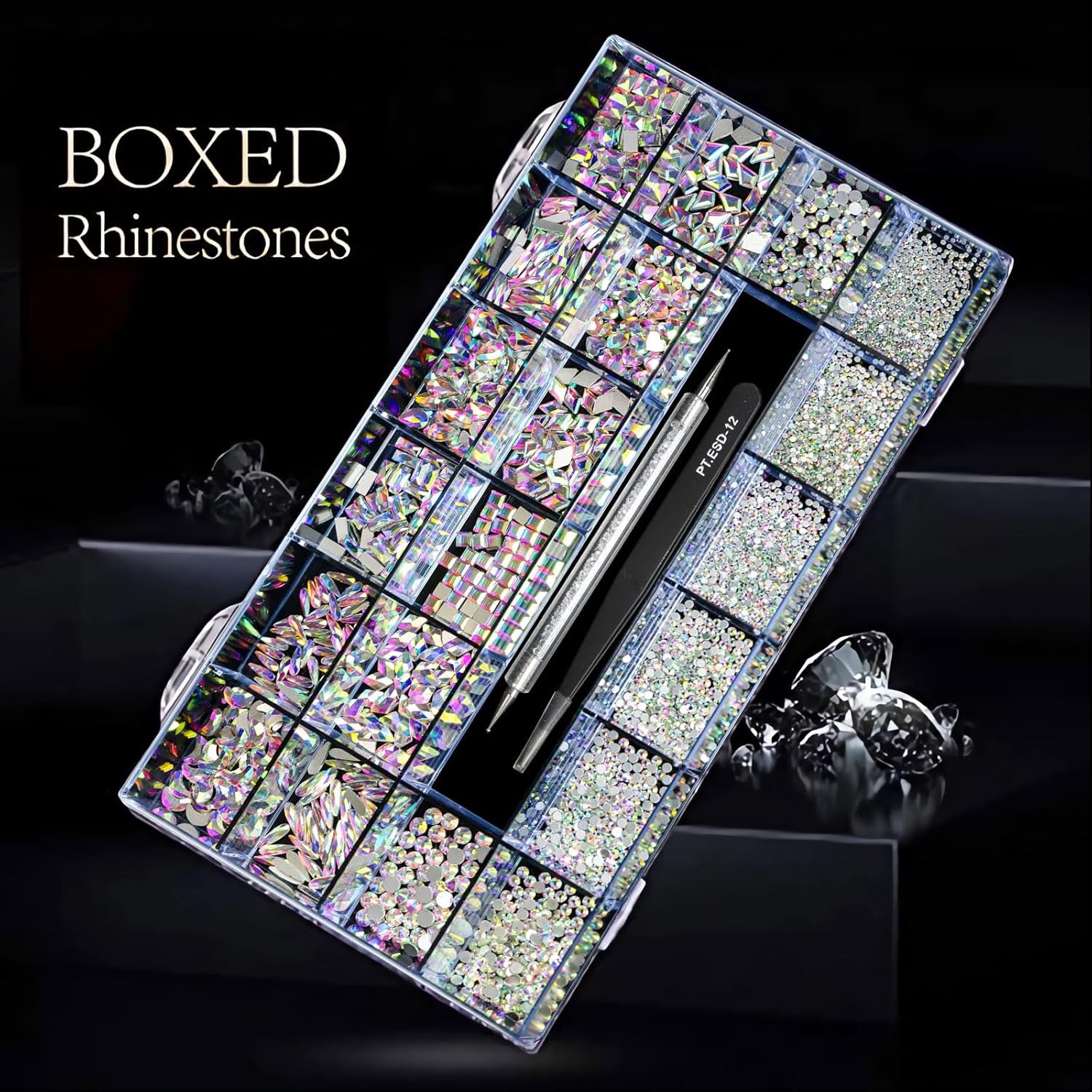 12 Types of 600 Crystal AB Diamonds + 2500 Flat Rhinestones Mix 20 Styles Flatback DIY Crafts Rhinestone Crystals 3D Ornament‌S Flat Back Stones Set + Tweezers + Drill Pen