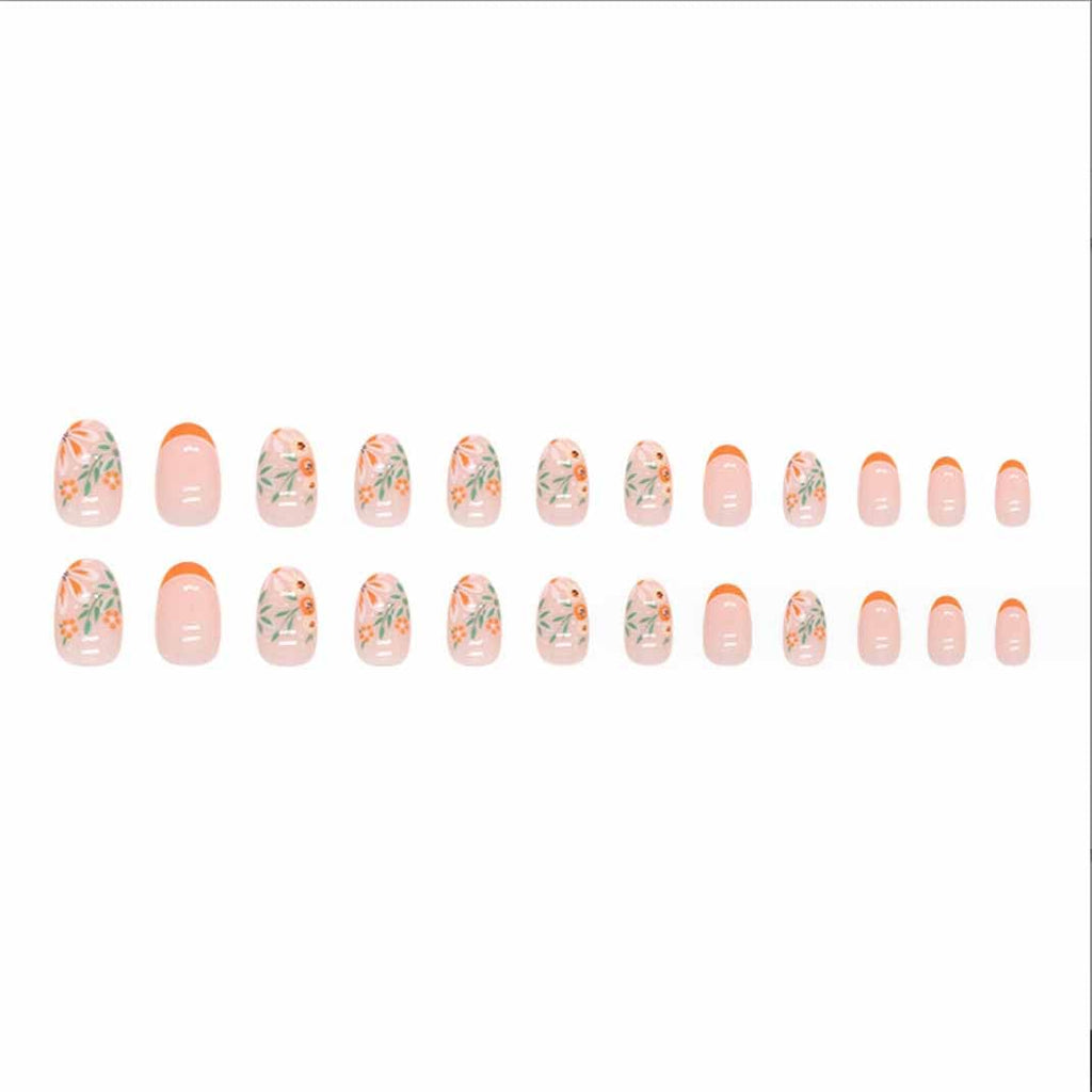 Almond Press Nails - Medium Nude Glossy Stick on Nails, Full Cover, 24 Pcs/Set (Short Orange French Nails)