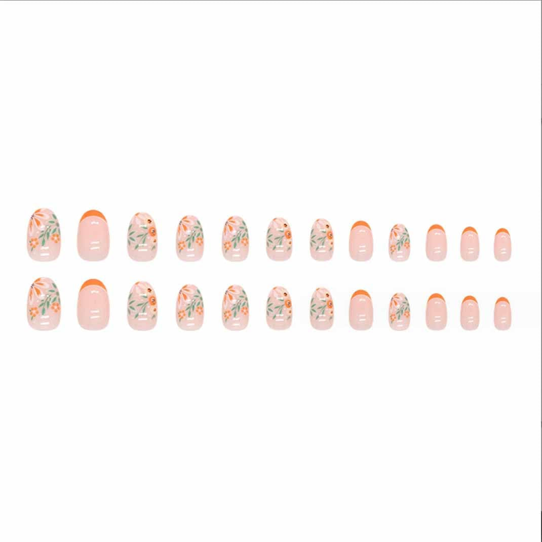Almond Press Nails - Medium Nude Glossy Stick on Nails, Full Cover, 24 Pcs/Set (Short Orange French Nails)