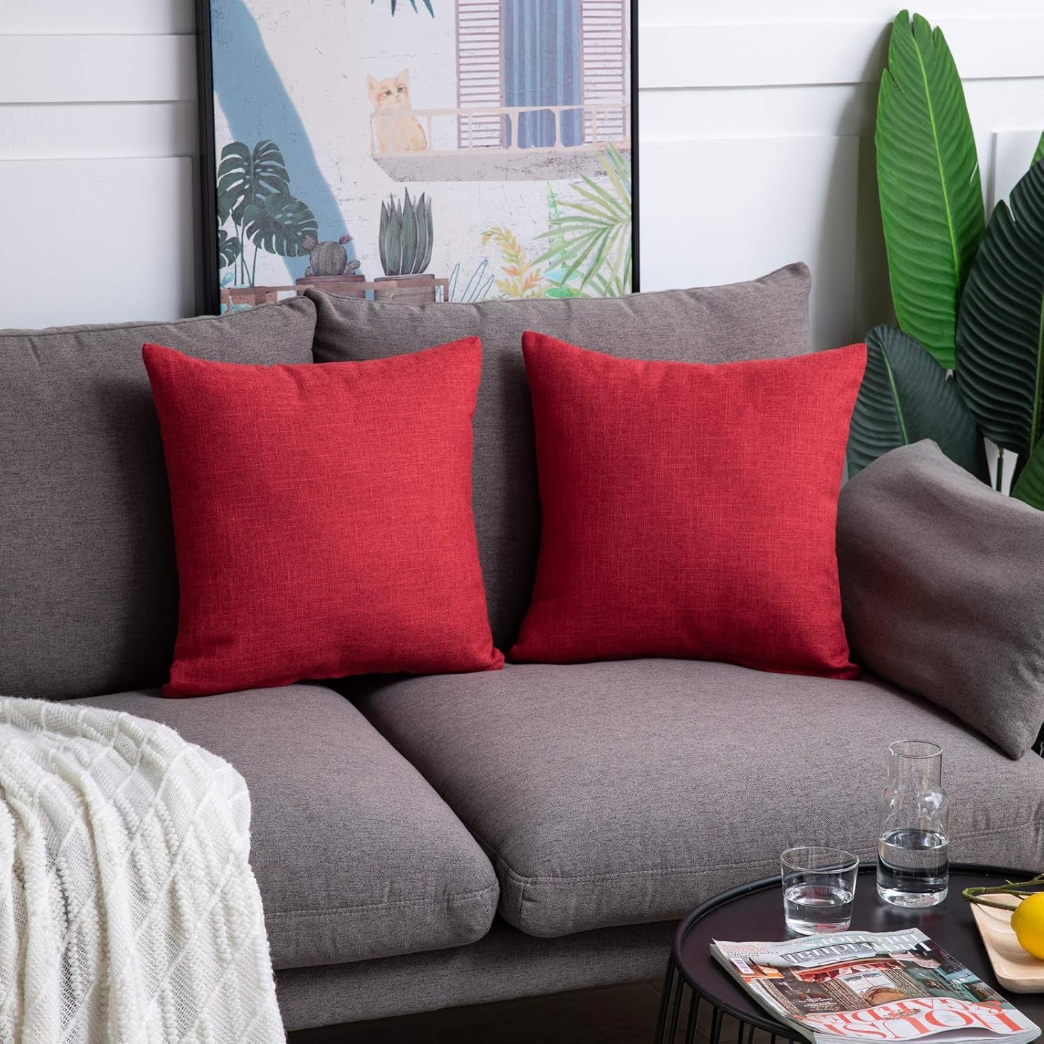 Red Pillow Covers 20X20 Inch for Christmas Day Decor Set of 2 Rustic Linen Holiday Decorative Square Throw Pillow Covers for Farmhouse Sofa Couch Home Decoration