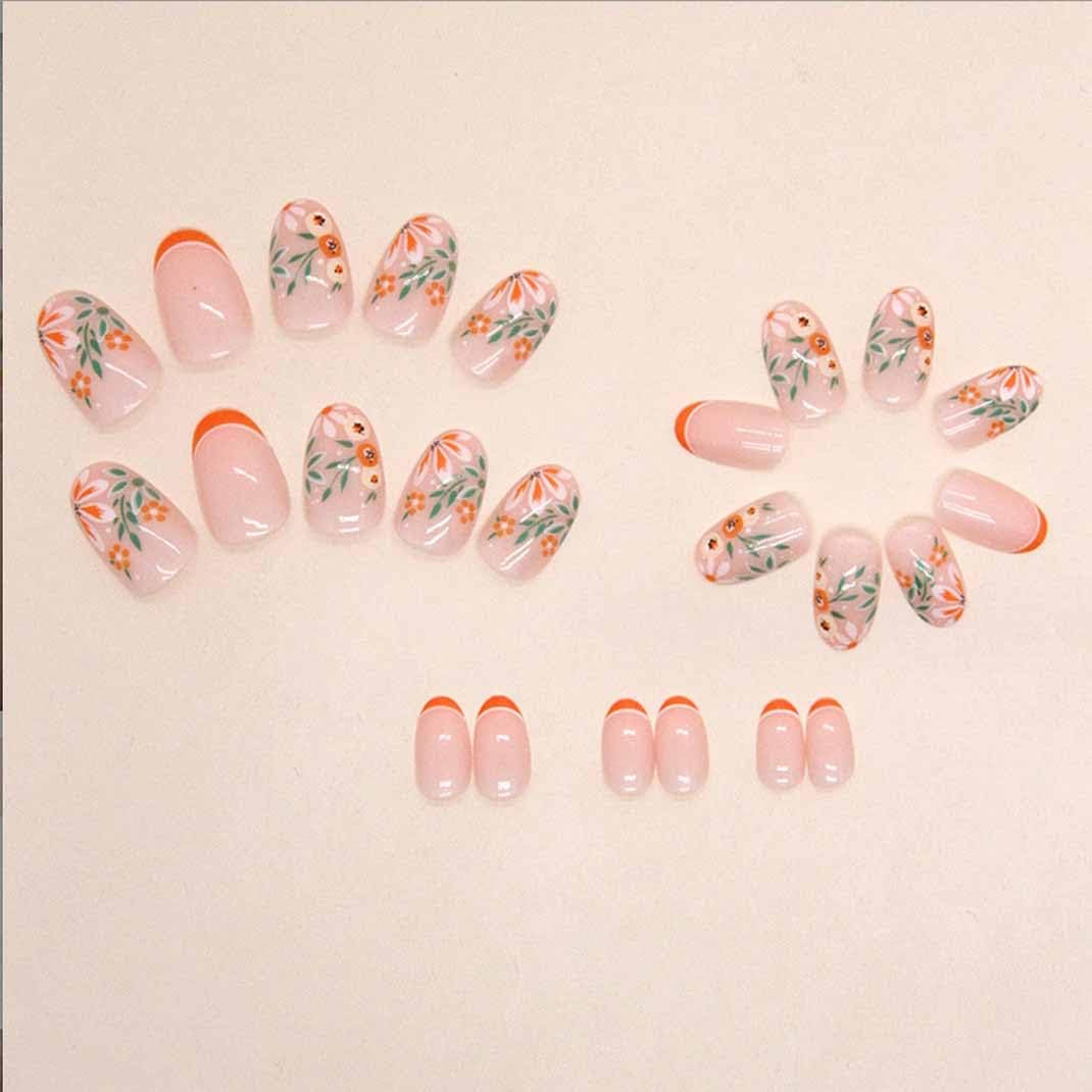 Almond Press Nails - Medium Nude Glossy Stick on Nails, Full Cover, 24 Pcs/Set (Short Orange French Nails)