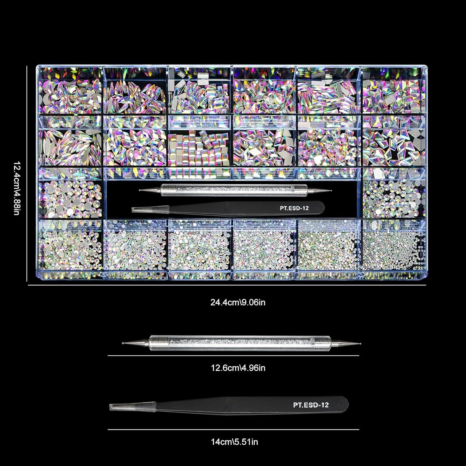 12 Types of 600 Crystal AB Diamonds + 2500 Flat Rhinestones Mix 20 Styles Flatback DIY Crafts Rhinestone Crystals 3D Ornament‌S Flat Back Stones Set + Tweezers + Drill Pen