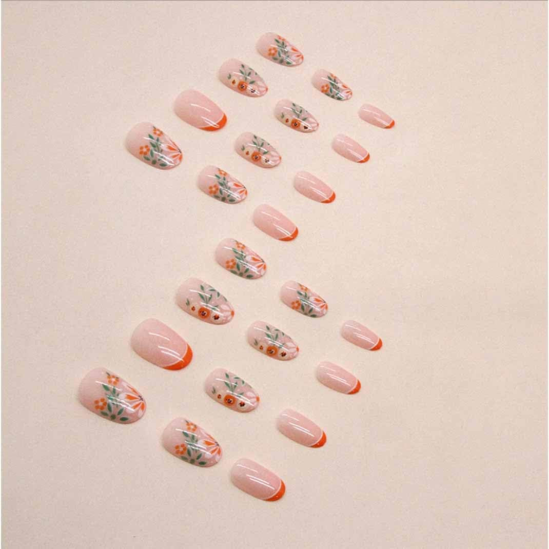 Almond Press Nails - Medium Nude Glossy Stick on Nails, Full Cover, 24 Pcs/Set (Short Orange French Nails)