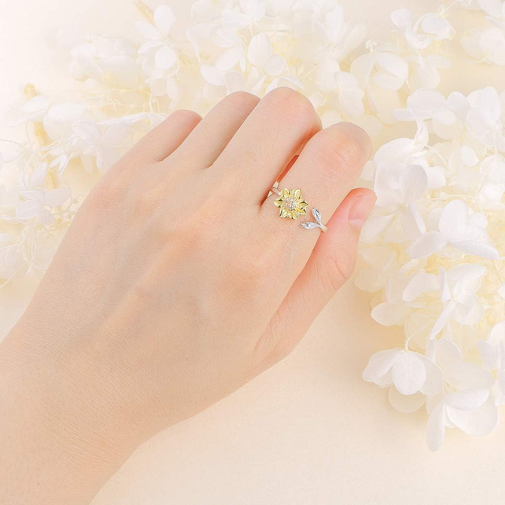 S925 Sterling Silver Sunflower with CZ Ring Adjustable Size 5 6 7 8 9