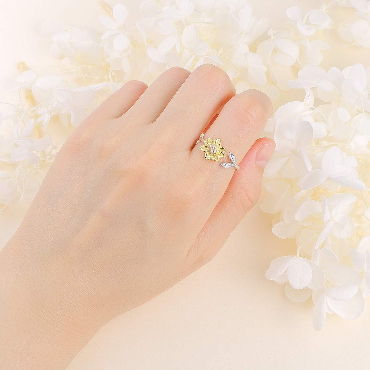 S925 Sterling Silver Sunflower with CZ Ring Adjustable Size 5 6 7 8 9