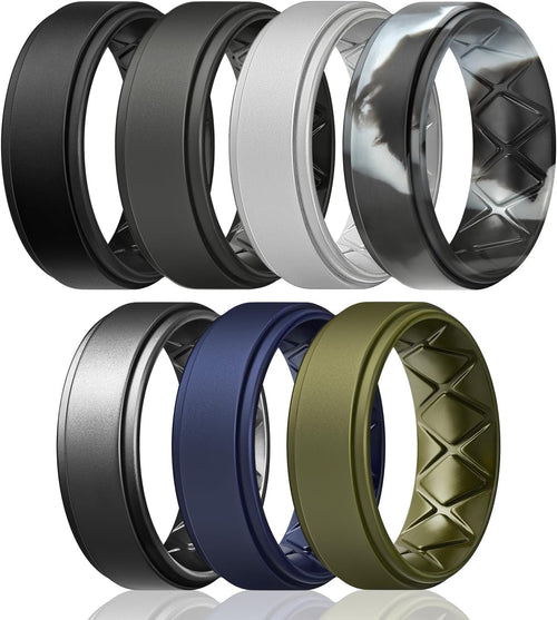 Mens Silicone Wedding Rings 8Mm X 2Mm, Step Edge Rubber Engagement Bands 1/4/7 Multipack Comfort for Workout Travel