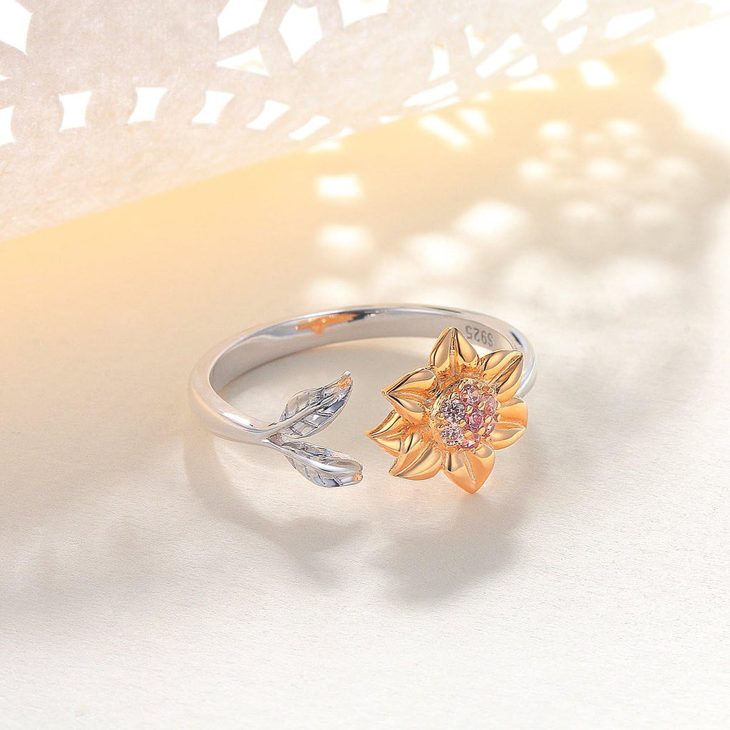 S925 Sterling Silver Sunflower with CZ Ring Adjustable Size 5 6 7 8 9