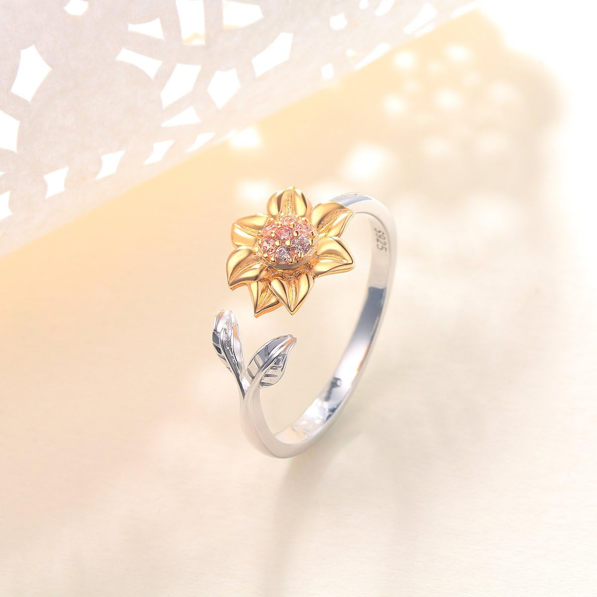 S925 Sterling Silver Sunflower with CZ Ring Adjustable Size 5 6 7 8 9
