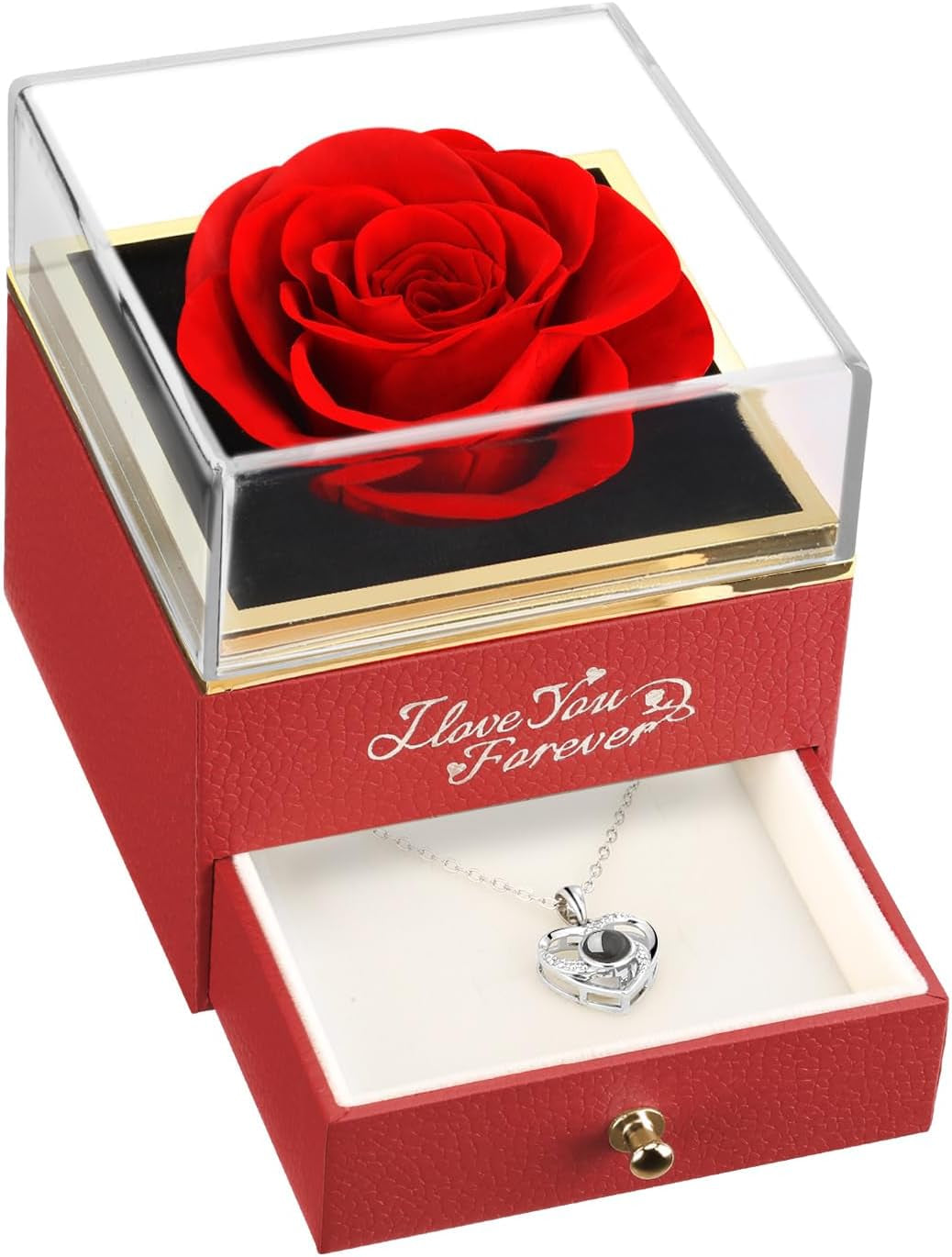 Preserved Flowers Real Red Rose with I Love You Necklace - Eternal Rose Gifts for Her at Valentine'S Day, Anniversary or Birthday Gifts for Women